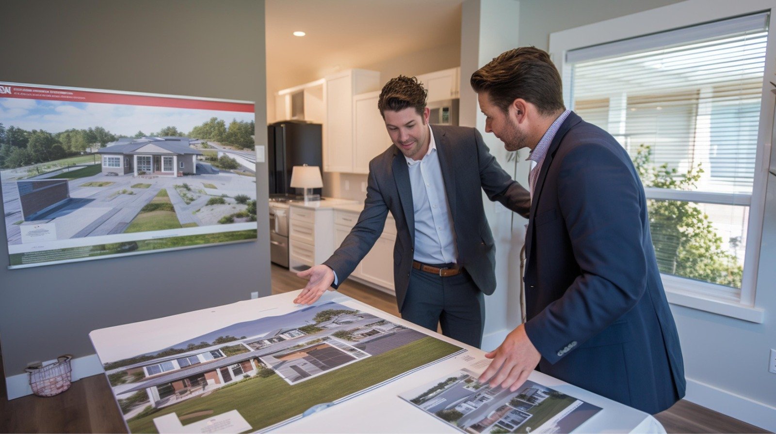 Architectes examinant les plans d’une maison dans un projet de construction haute gamme