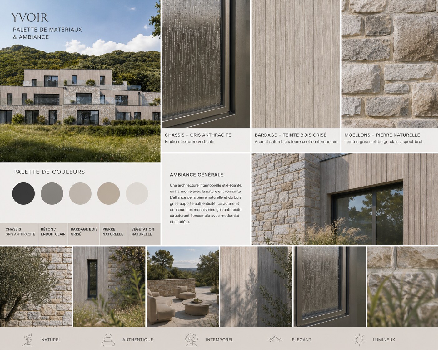 Palette de matériaux du projet Rivaia à Yvoir : bardage bois grisé, pierre naturelle et châssis gris anthracite