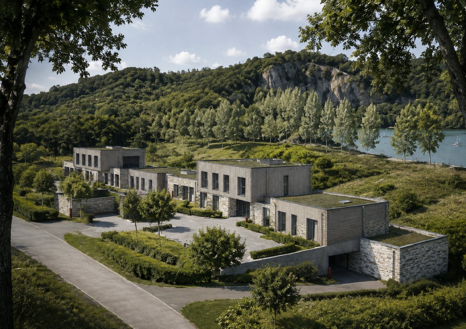 Vue aérienne du projet Rivaia à Yvoir, en bord de Meuse au pied des rochers